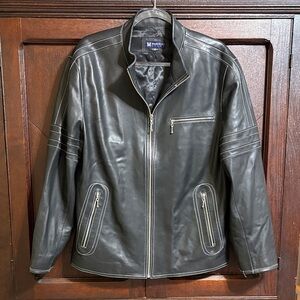 Men's Marcelo Sport Black Leather Jacket with Zipper Details